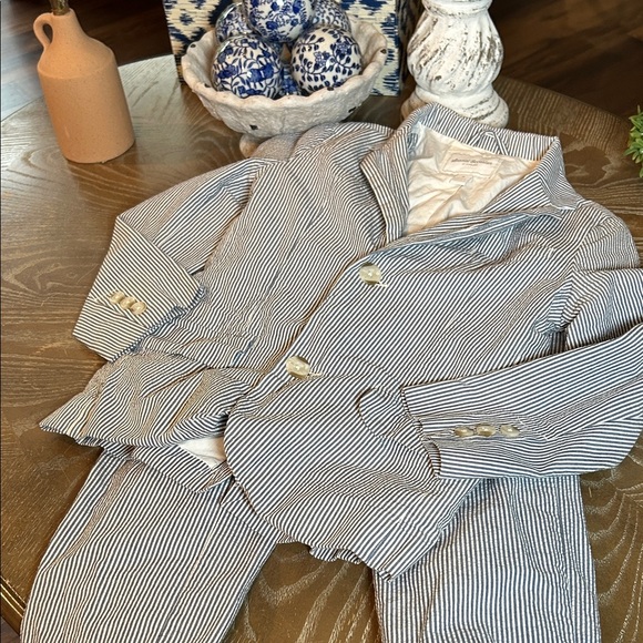 Gymboree Seersucker Blue & White Striped Blazer Suit Jacket & Adjustable Pants